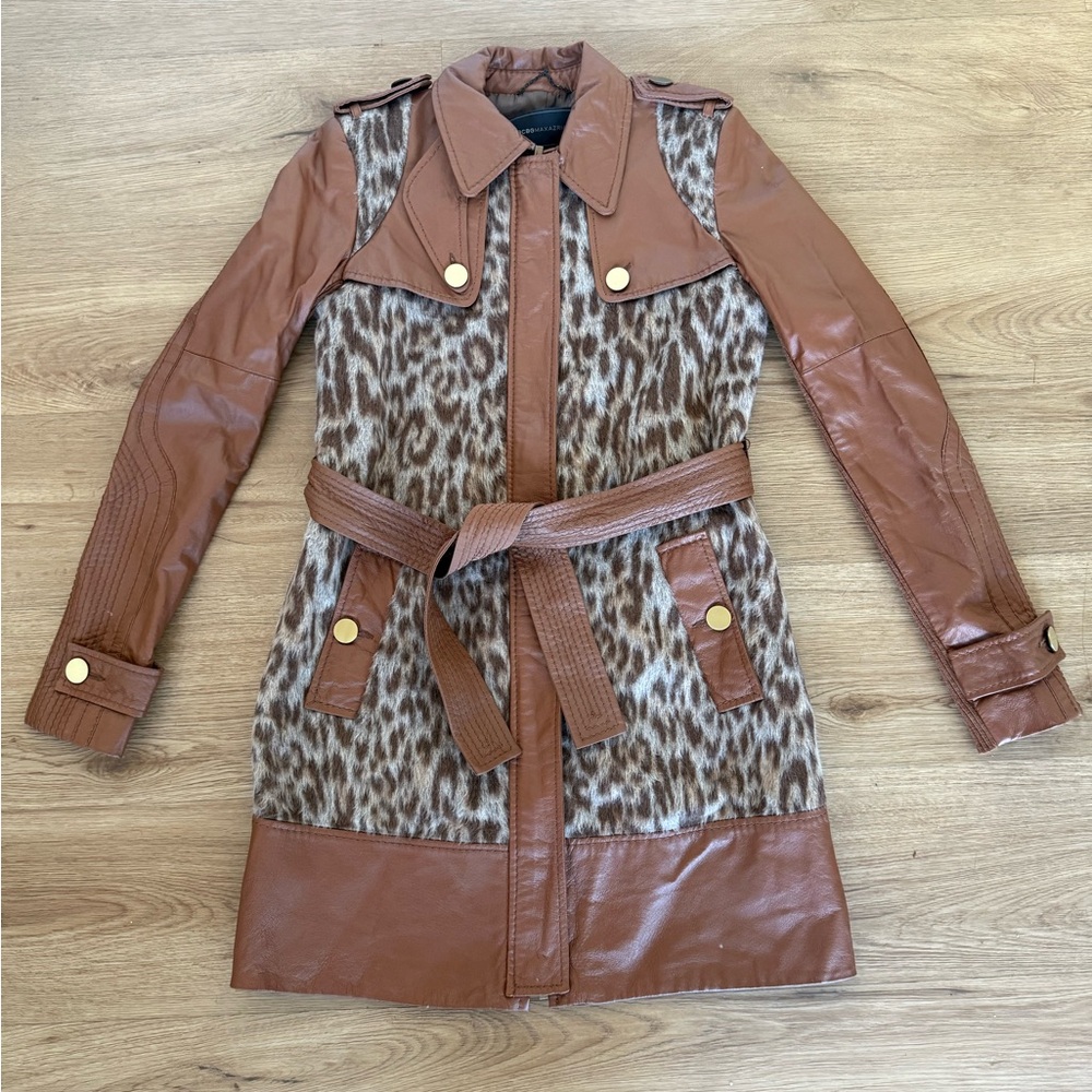 BCBGMaxAzria Blake Brown Leather and Leopard Print Trench Coat Size XXS
